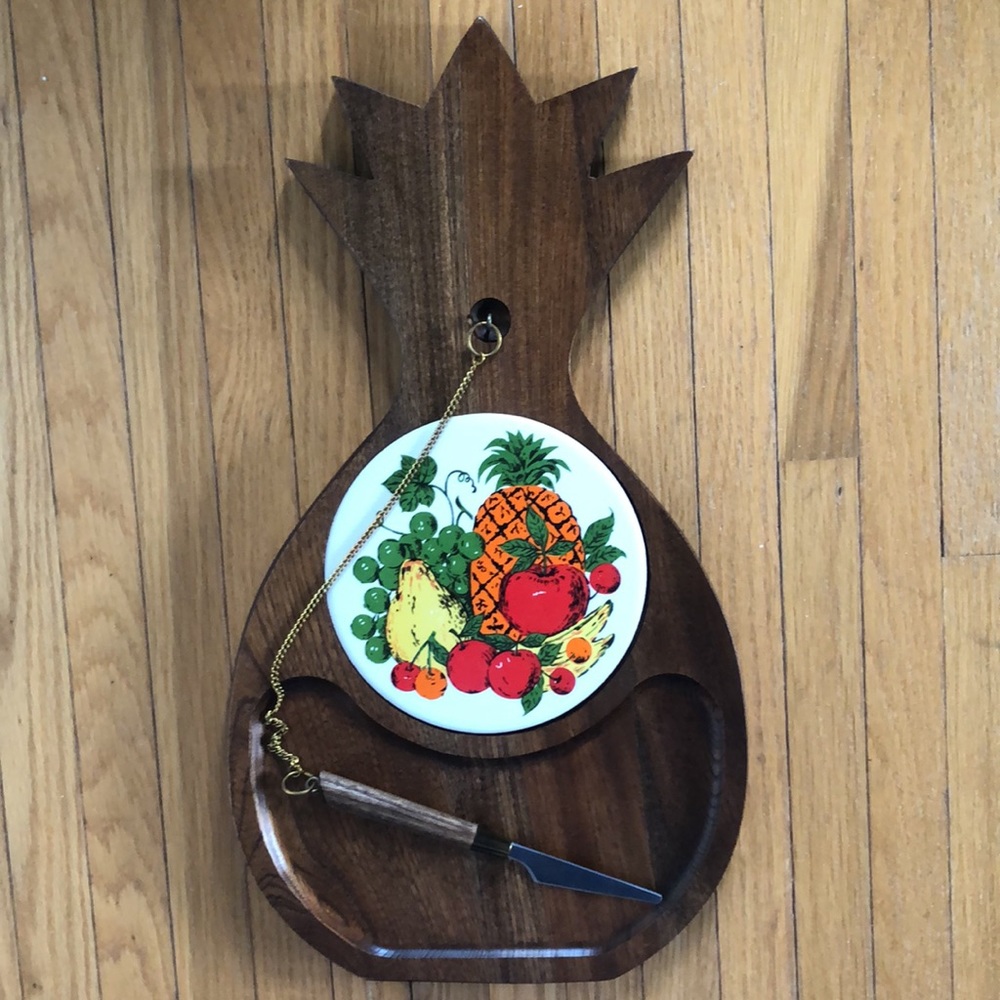 Vintage Japan Wood Pineapple Cheese Platter Server With Tile Insert And Knife